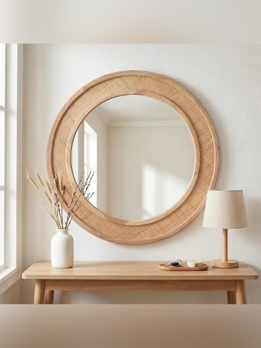 NEW West Elm Large Round Mirror Wicker Rattan Boho Wall Hanging Decor - 24” Diam - Picture 8 of 14